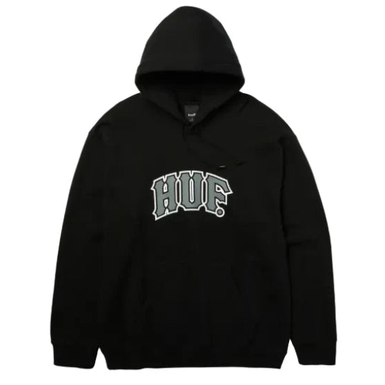 Black hoodie with 'HUF' logo 
