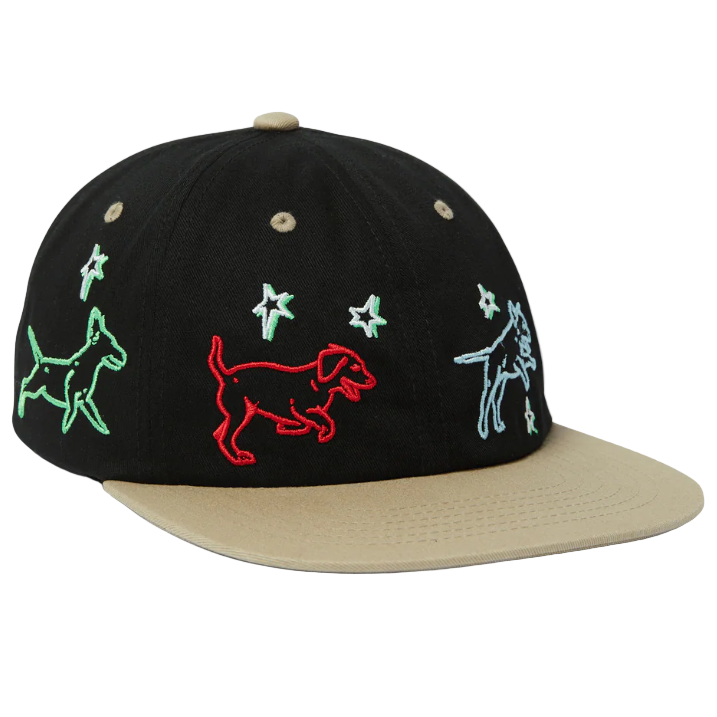 Black cap with embroidered dogs on a white background