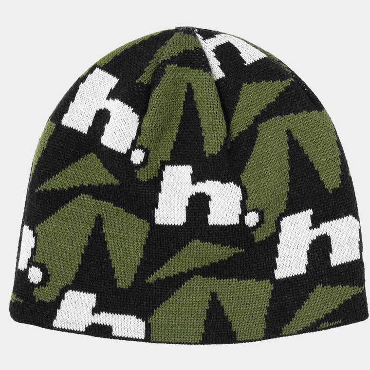 Green camouflage beanie with white text on a light gray background