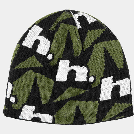 Green camouflage beanie with white text on a light gray background
