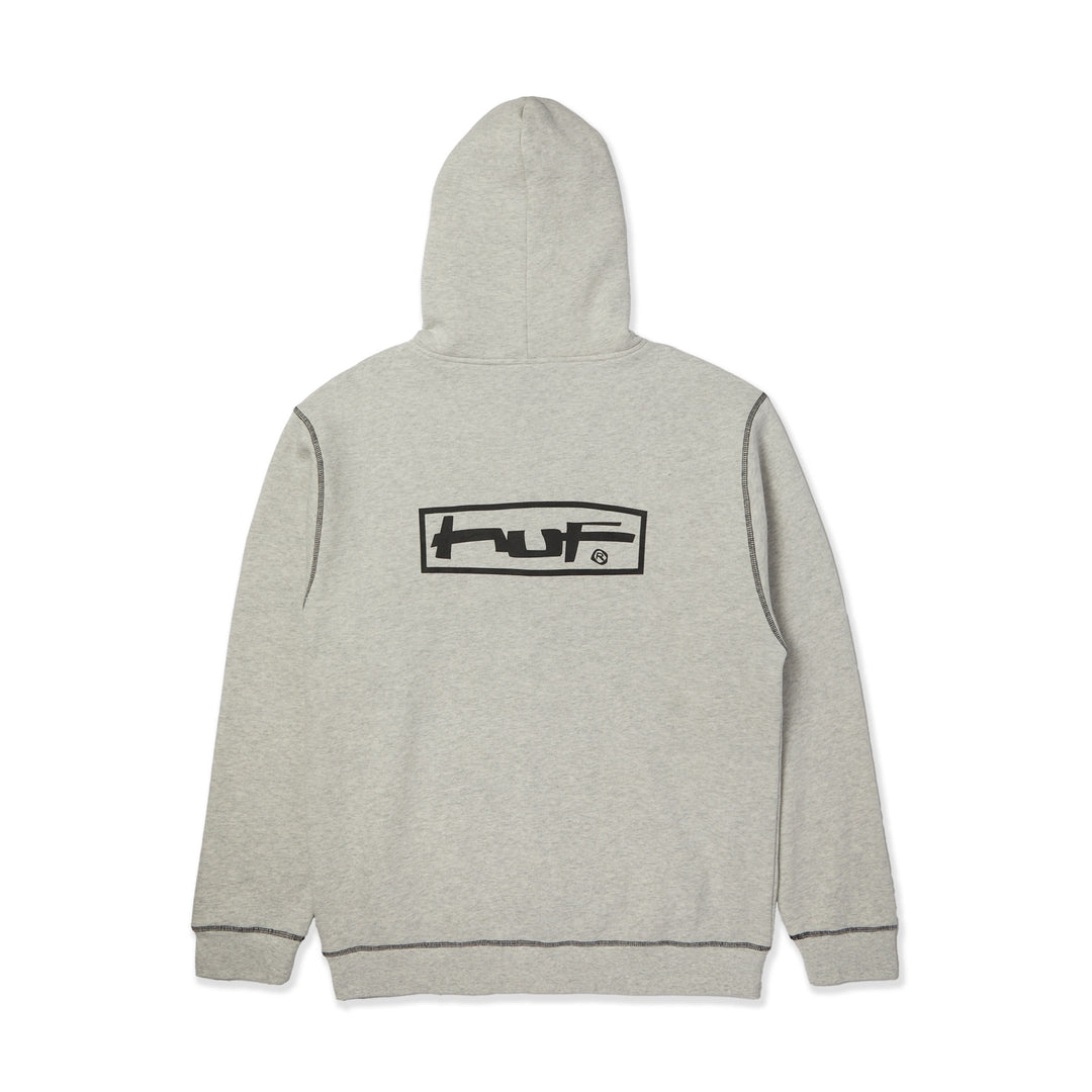 Gray hoodie with a black logo on the back against a white background