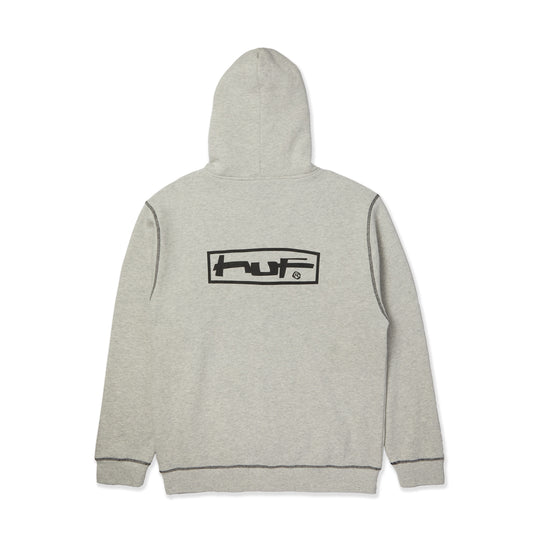 Gray hoodie with a black logo on the back against a white background
