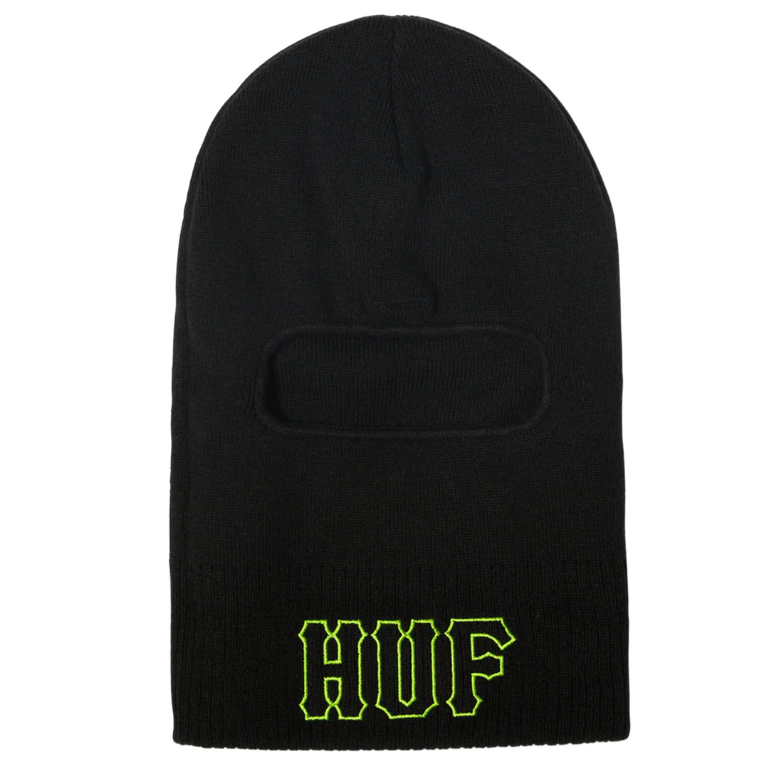 Black balaclava with yellow 'HUF' logo on a white background