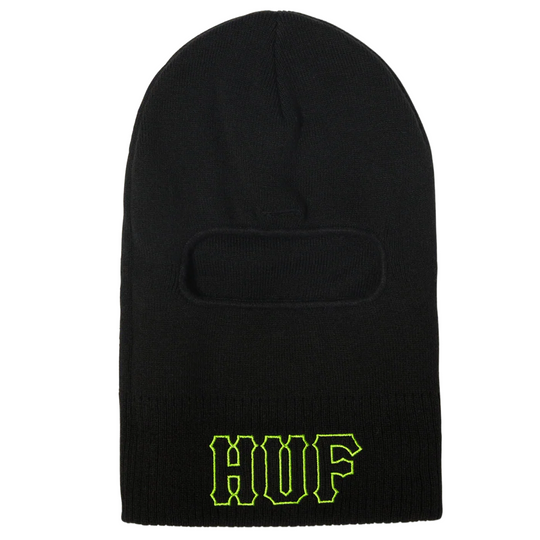Black balaclava with yellow 'HUF' logo on a white background