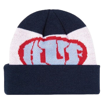 Knitted beanie with navy blue top and bottom sections and a white center featuring a red logo on a white background.