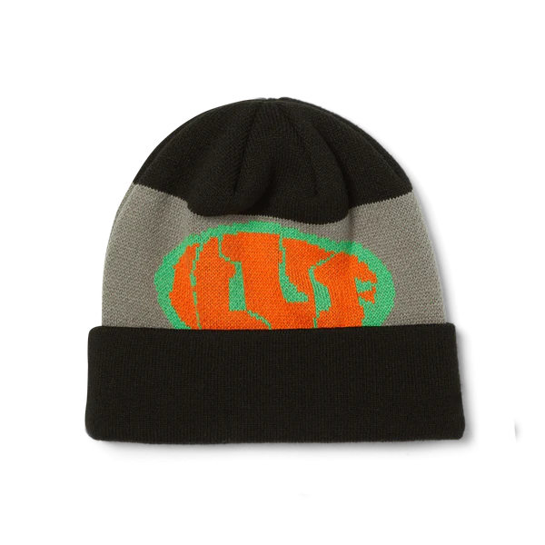 Knitted beanie with black, gray, and orange design on a white background
