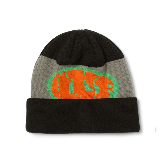 Knitted beanie with black, gray, and orange design on a white background