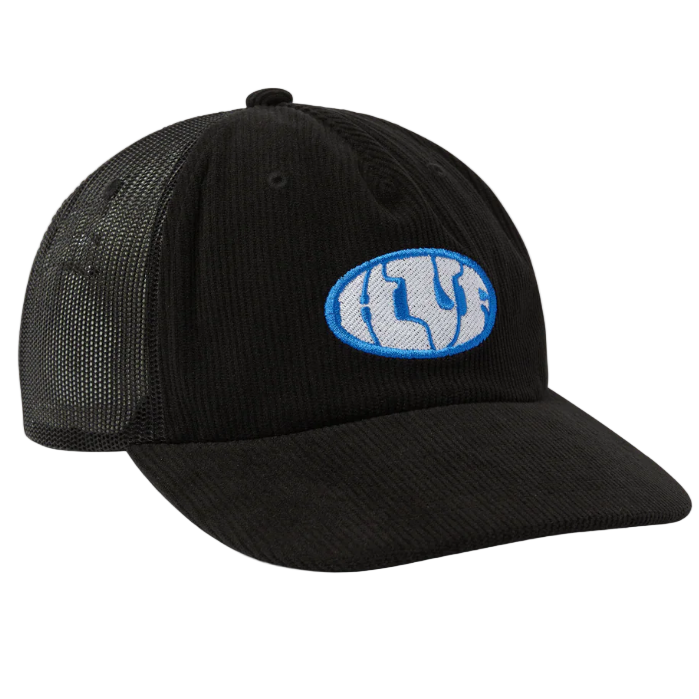 Black cap with a blue Huf logo on a white background