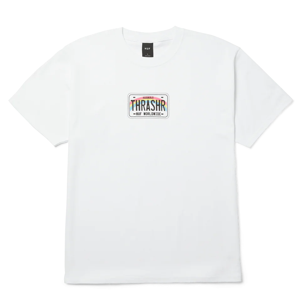 White t-shirt with a logo on the chest against a white background