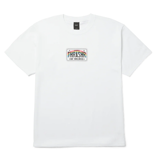 White t-shirt with a logo on the chest against a white background