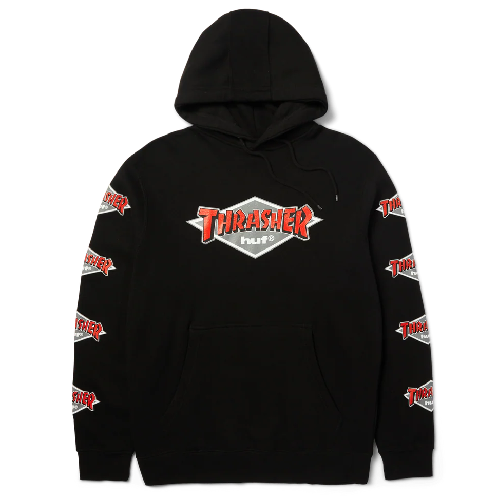 Black hoodie with Thrasher logo on a white background