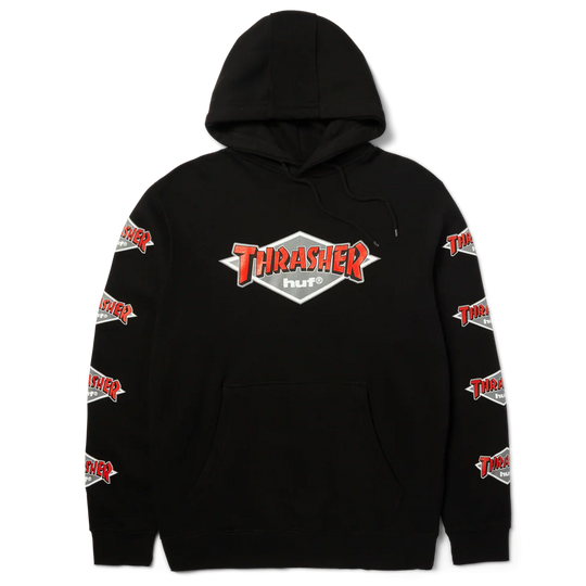 Black hoodie with Thrasher logo on a white background