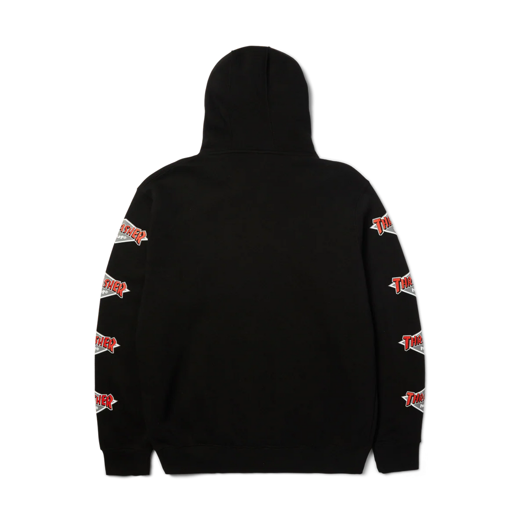 Black hoodie with brand logos on sleeves against a white background