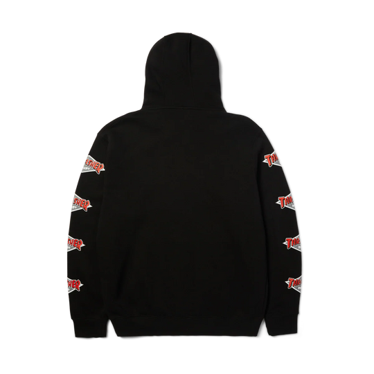 Black hoodie with brand logos on sleeves against a white background