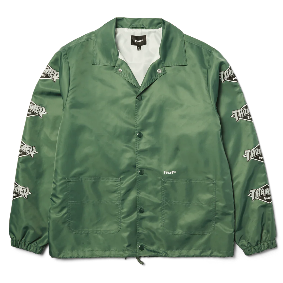 Green jacket with brand logos on sleeves and chest against a white background