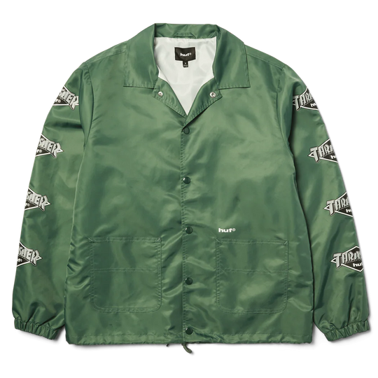 Green jacket with brand logos on sleeves and chest against a white background