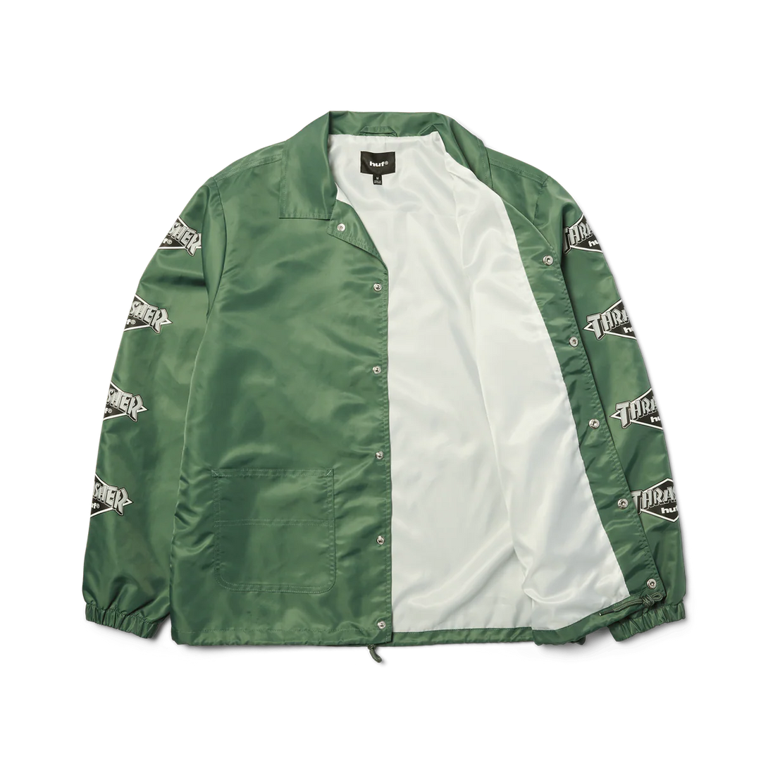 Green jacket with white inner lining and brand logo on a white background
