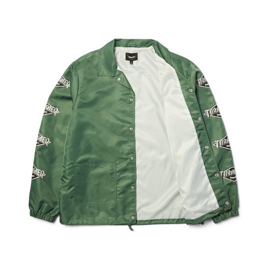 Green jacket with white inner lining and brand logo on a white background