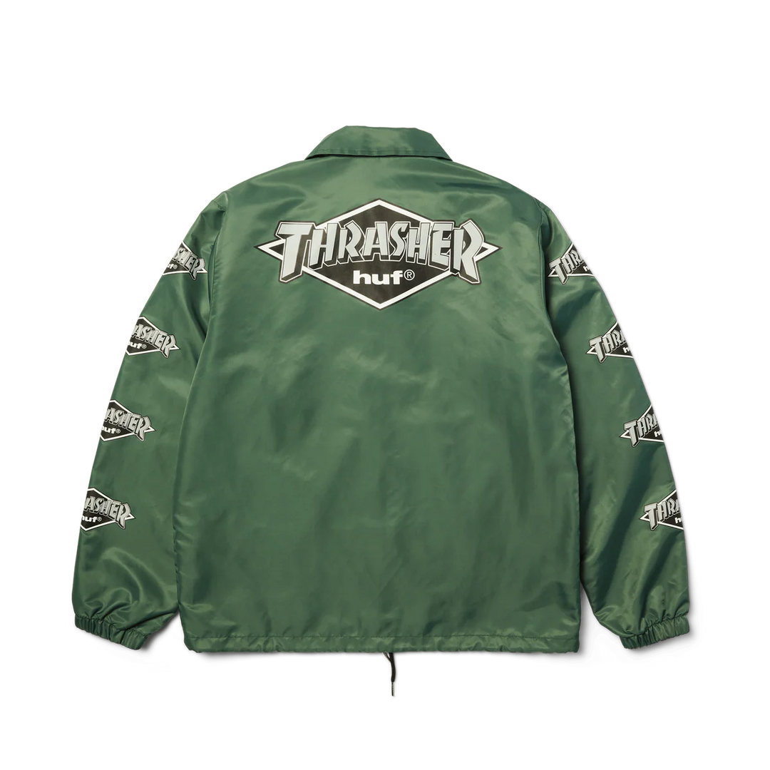 Green jacket with Thrasher and HUF logos on a white background