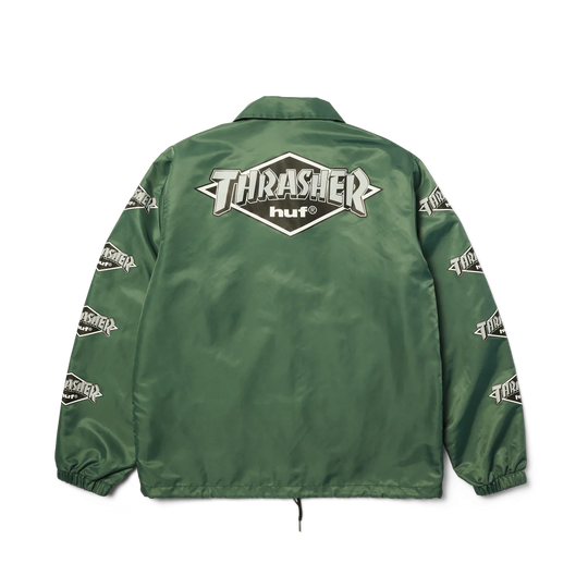 Green jacket with Thrasher and HUF logos on a white background
