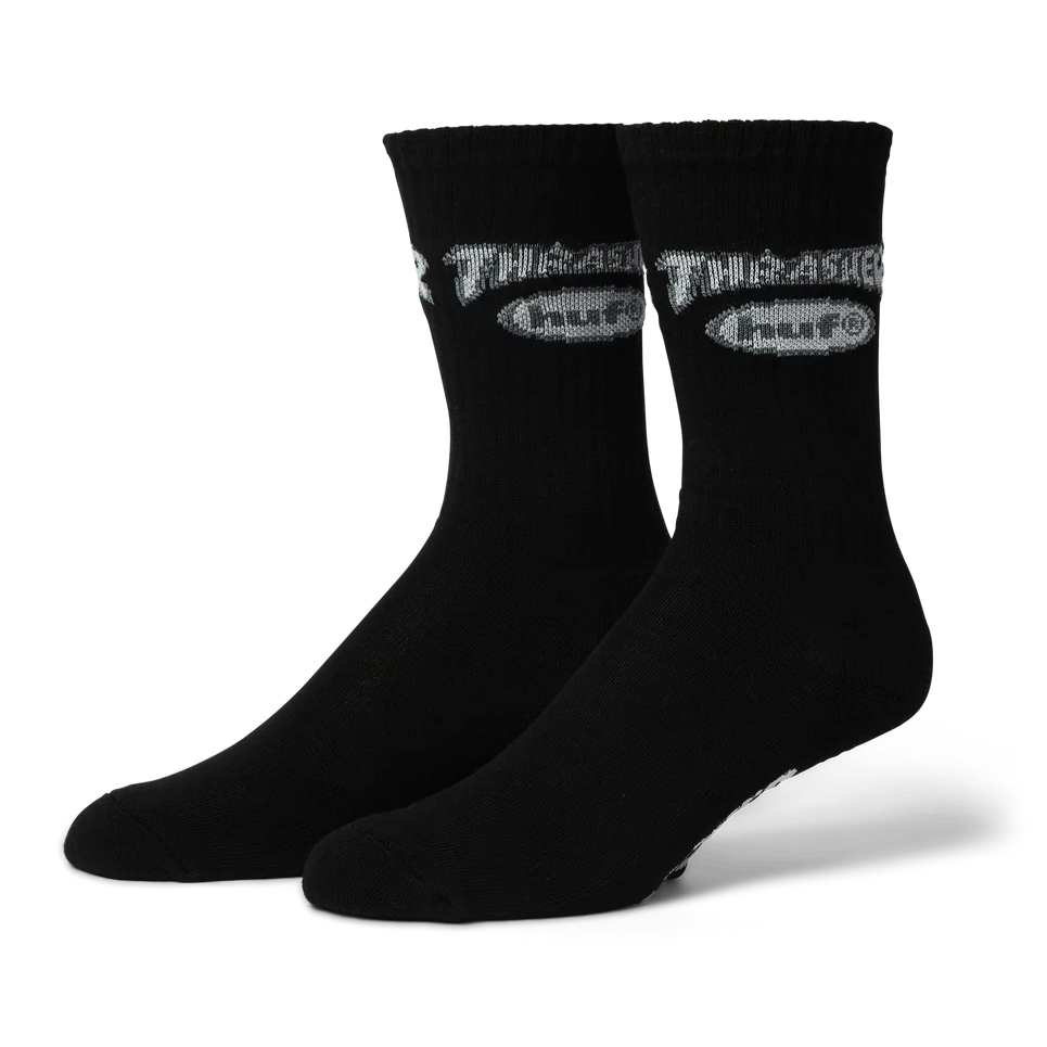 Two black socks with a brand logo on a white background