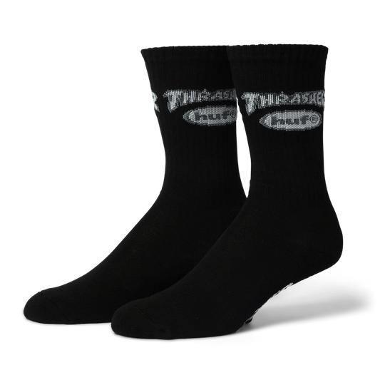 Two black socks with a brand logo on a white background