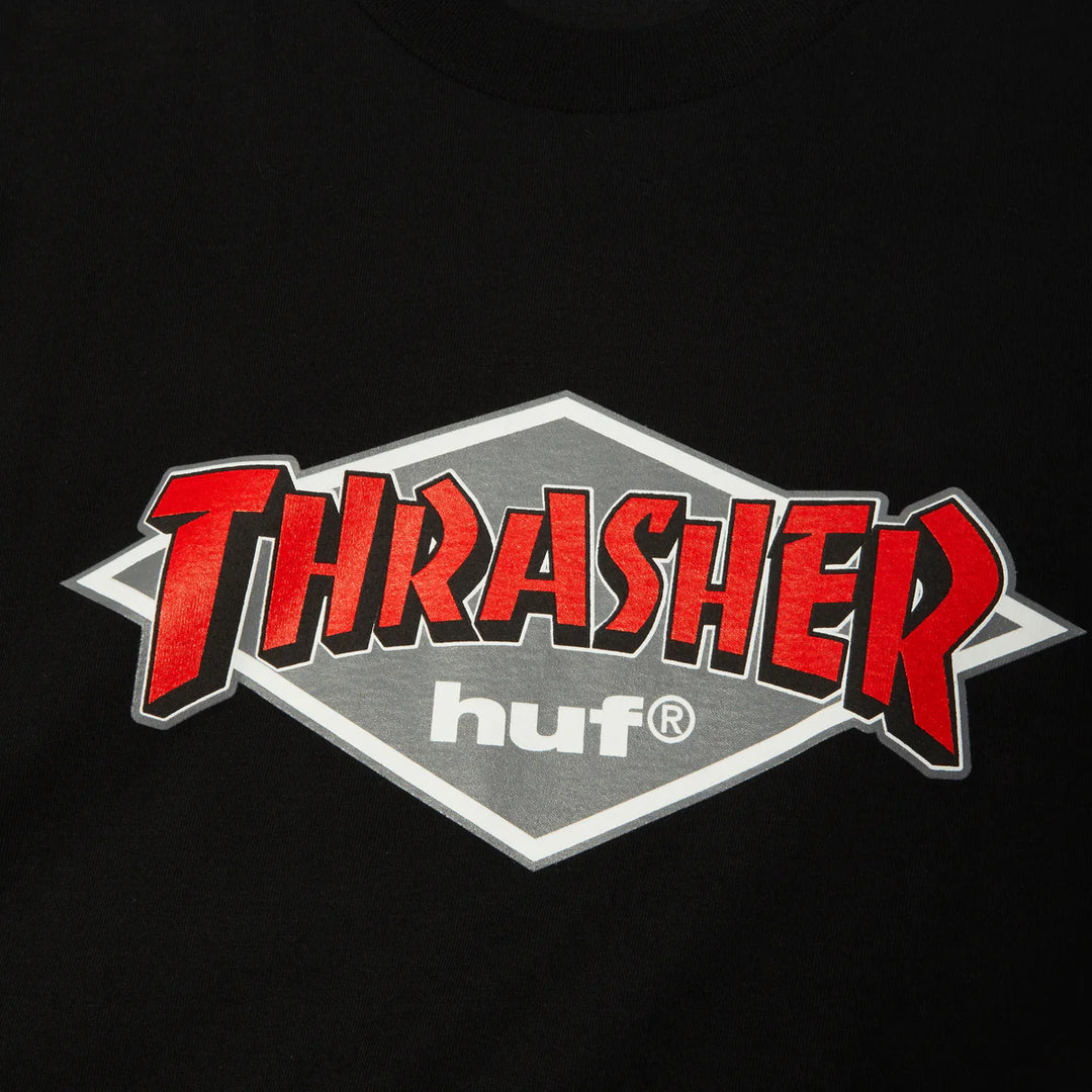 Black t-shirt with red and gray 'Thrasher' logo on a black background