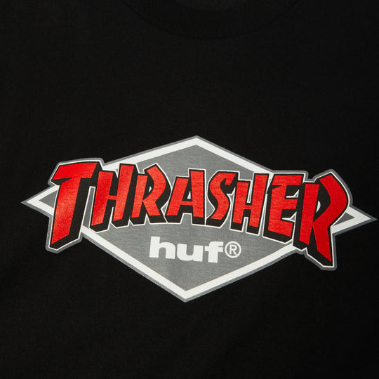 Black t-shirt with red and gray 'Thrasher' logo on a black background