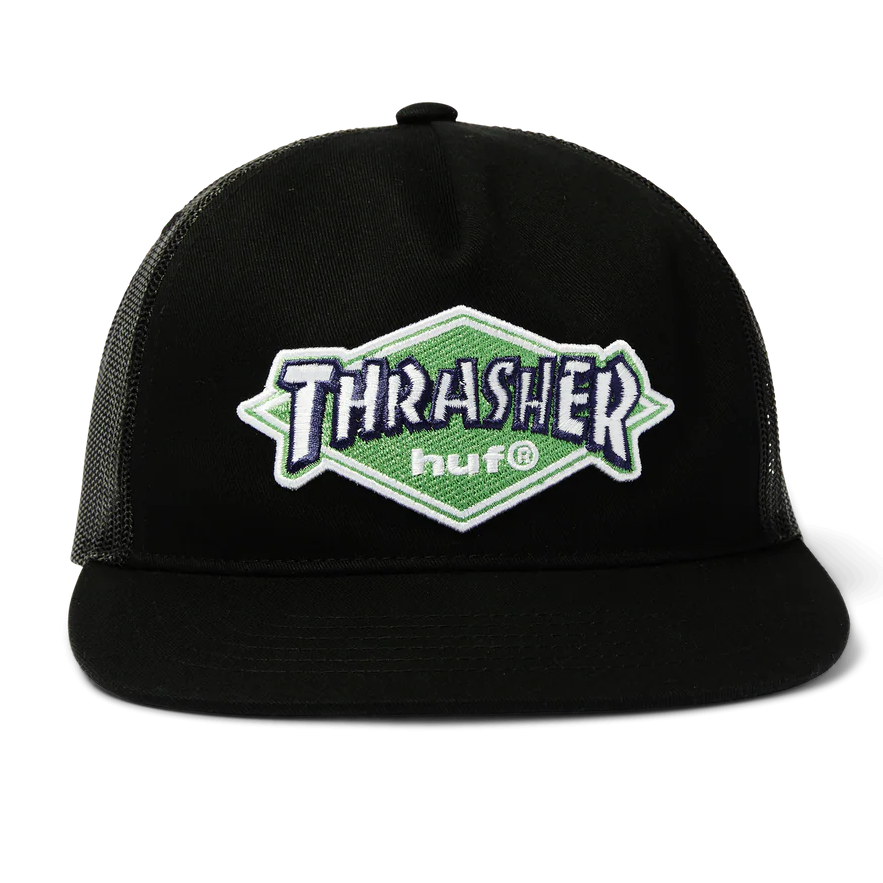 Black cap with a green and white logo on a white background