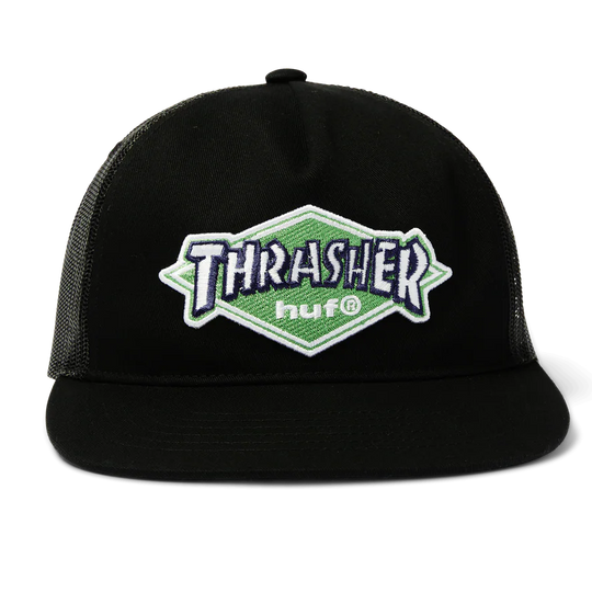 Black cap with a green and white logo on a white background