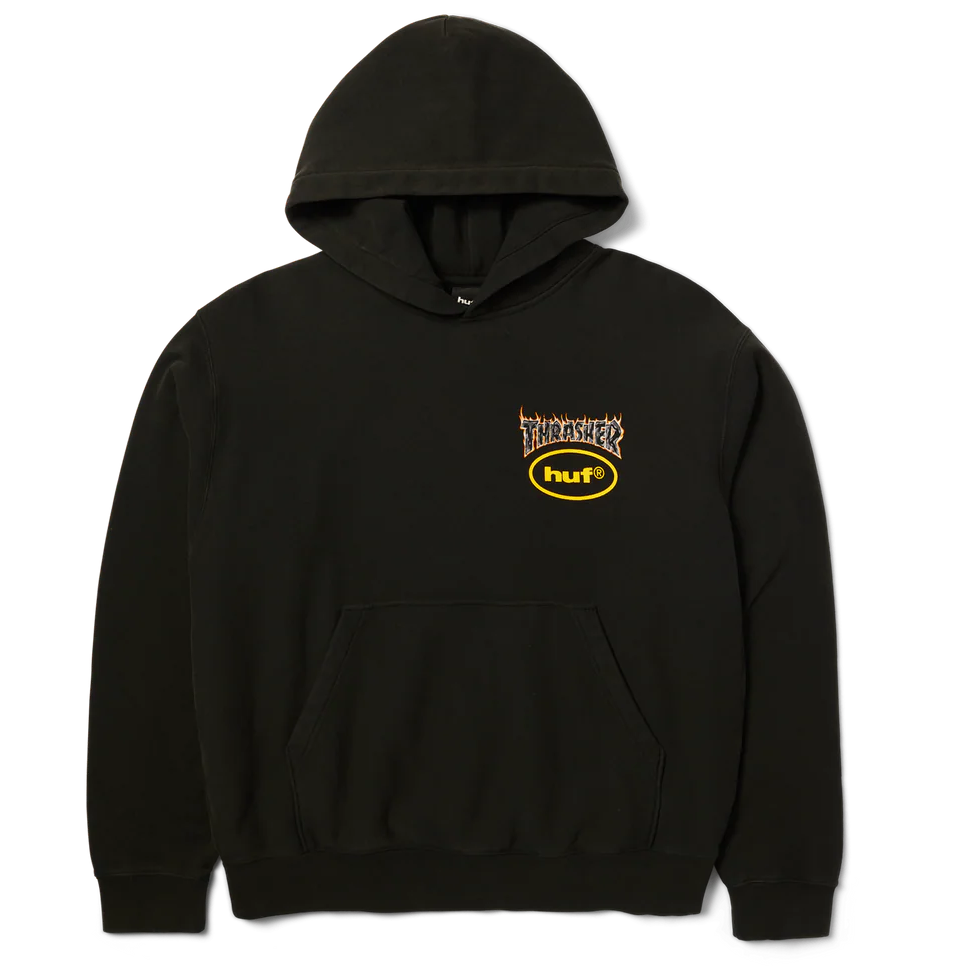 Black hoodie with a yellow logo on a white background