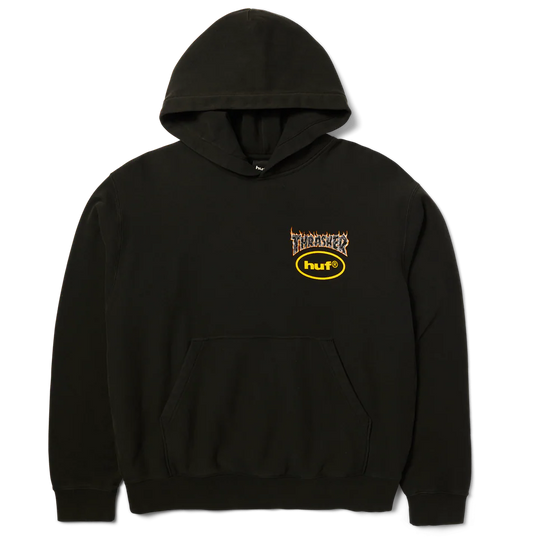 Black hoodie with a yellow logo on a white background