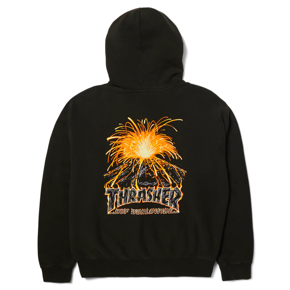 Black hoodie with a graphic design on the back against a white background