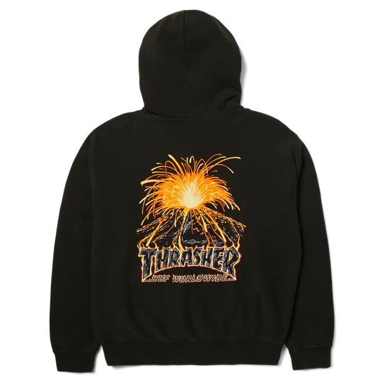 Black hoodie with a graphic design on the back against a white background