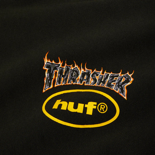 Collaborative logo between Thrasher and HUF on a black background