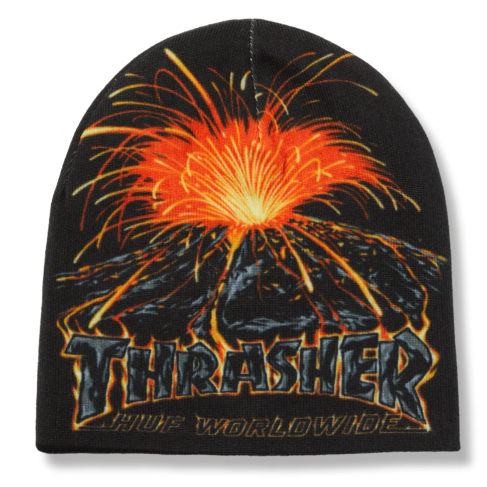 Black beanie with a volcano and fire design and 'Thrasher' branding on a white background