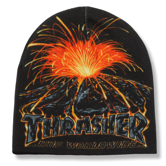 Black beanie with a volcano and fire design and 'Thrasher' branding on a white background