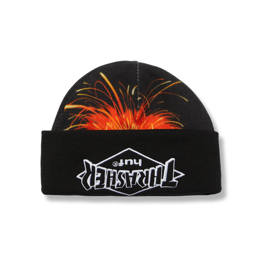 Black beanie with fiery design on top and visible branding on a white background