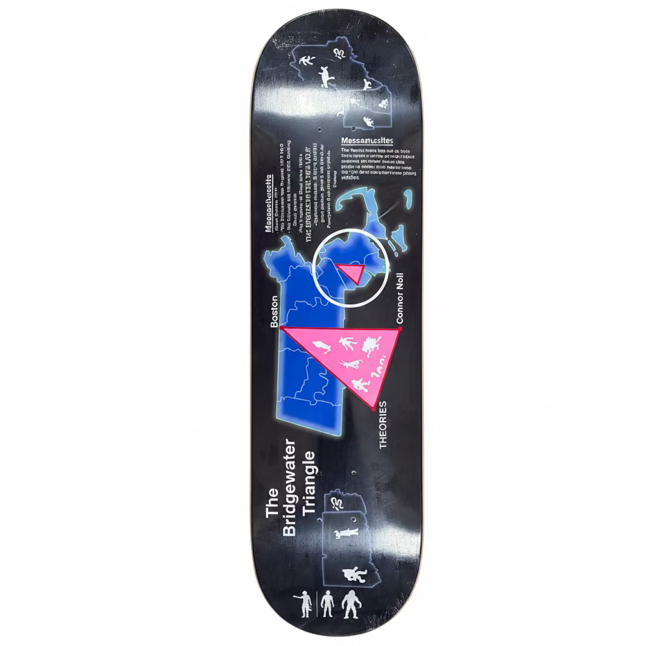 Skateboard deck with 'The Bridgewater Triangle' design on a textured surface