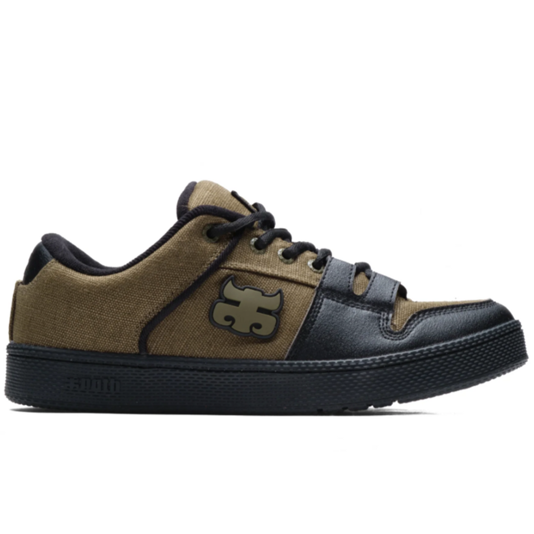 Brown and black sneaker with a logo on a white background