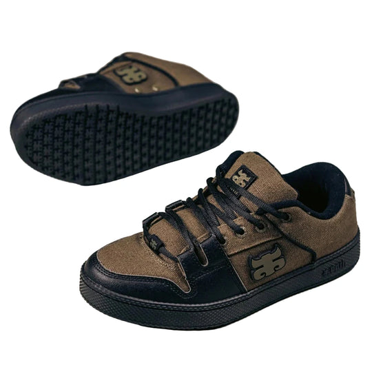 Brown and black sneakers with a visible logo tread