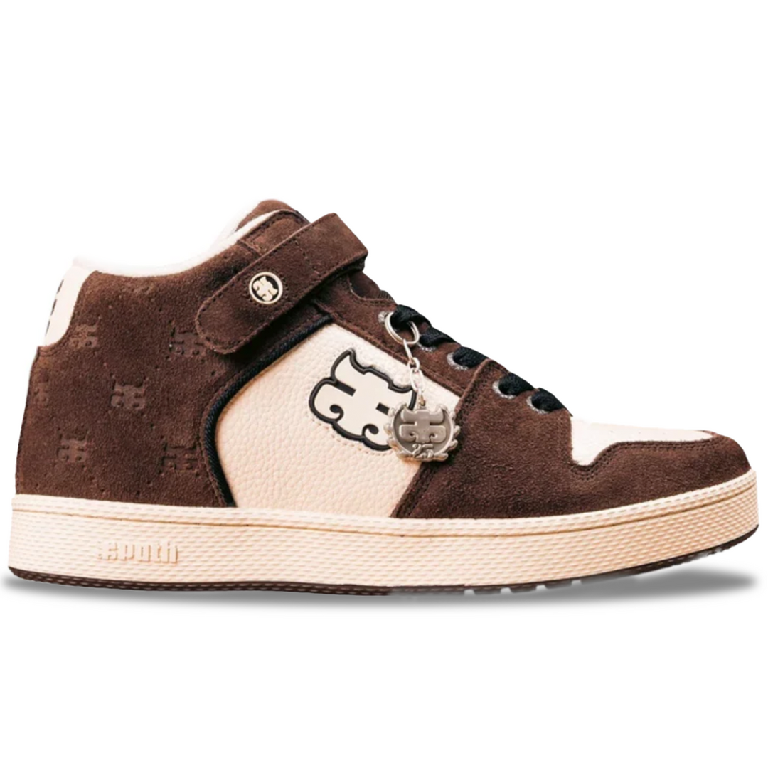 Brown and beige sneaker with a logo on a white background