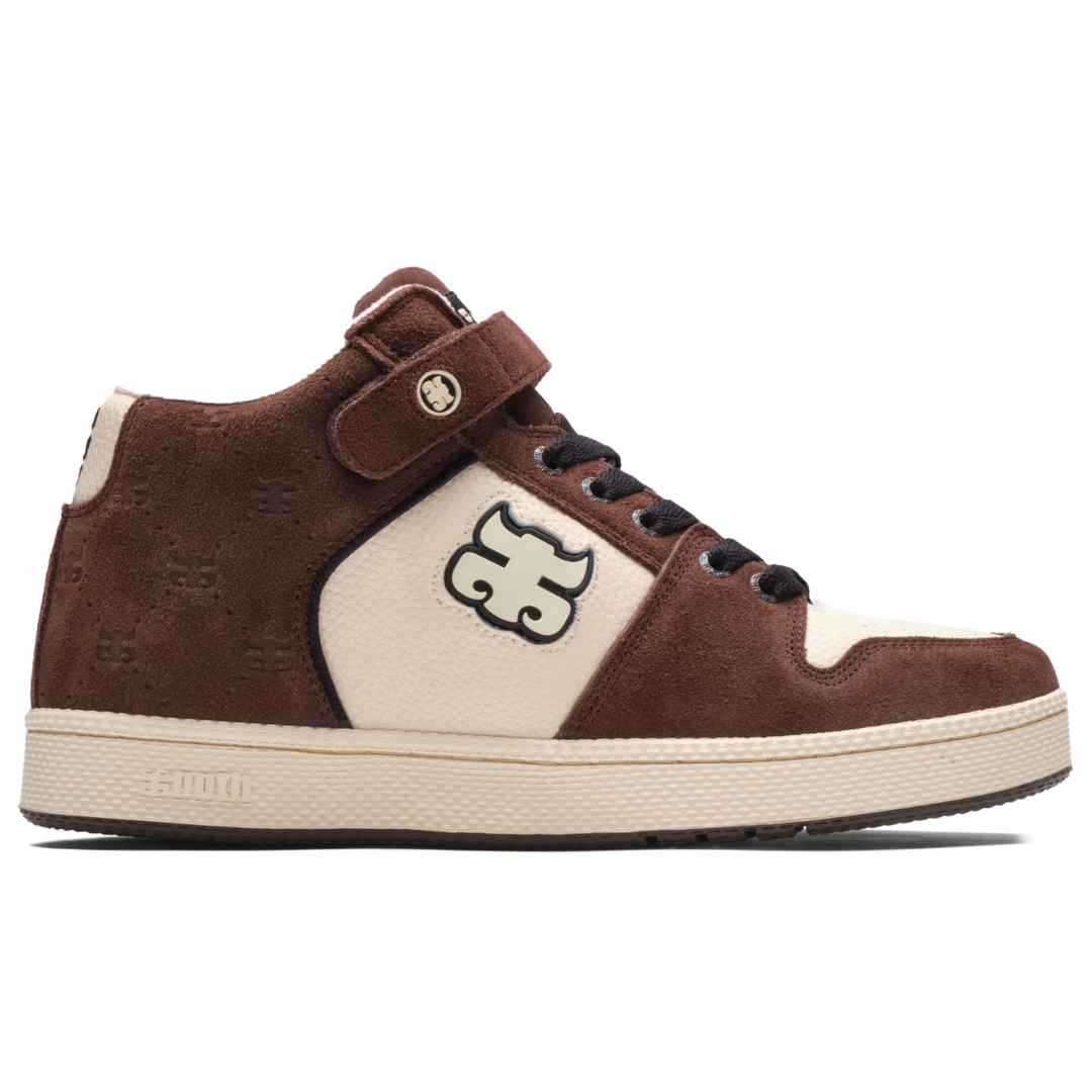 Brown and beige sneaker with a logo on a white background