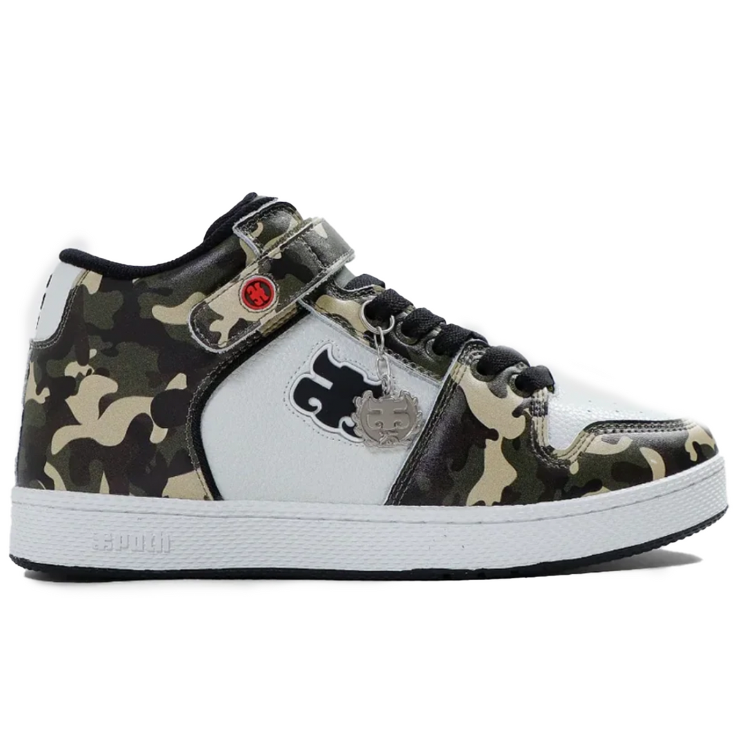 Sneaker with camouflage pattern and white sole on a white background