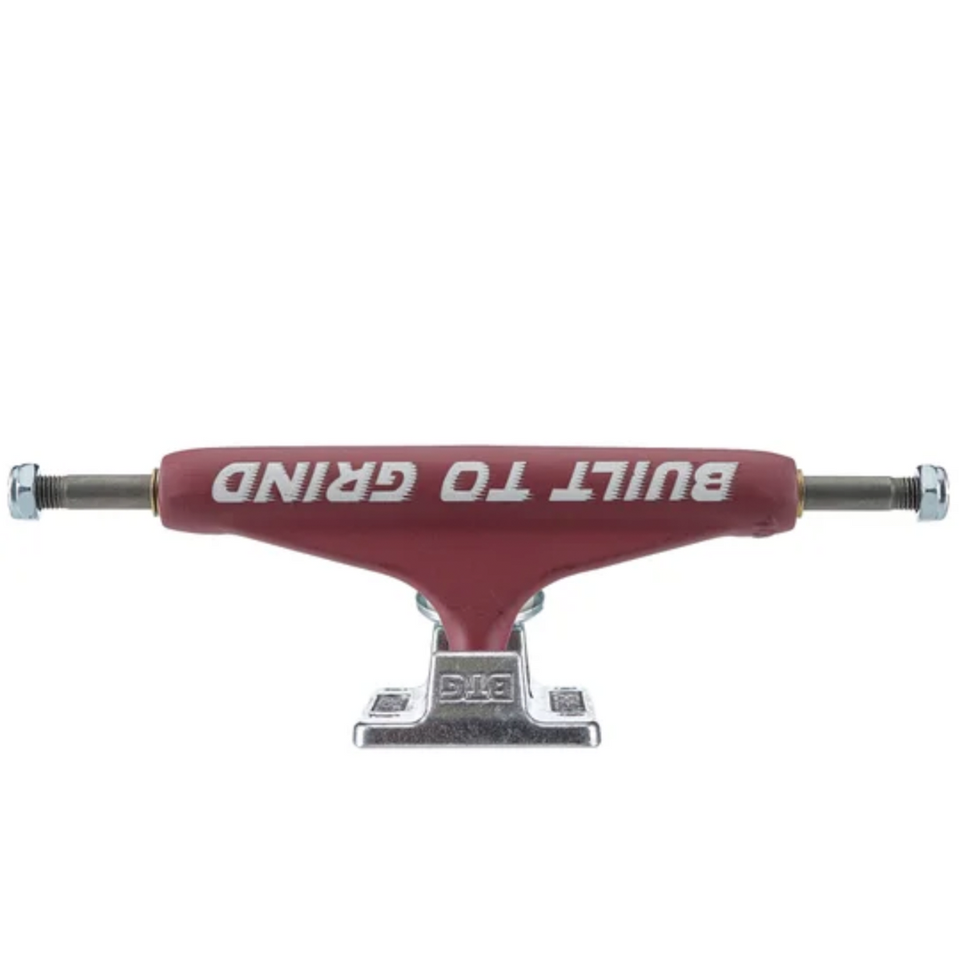 Red skateboard truck with 'Built to Grind' text on a white background
