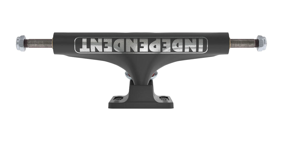 A black Independent skateboard truck with silver hardware and a silver brand logo on the top plate, shown against a plain white background.