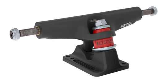 A black skateboard truck with a black baseplate, featuring a red and silver Kenda suspension bushing and white branding text, shown on a solid white background.