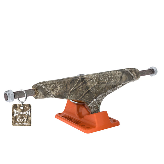 A single truck component for a skateboard, featuring a Realtree camouflage patterned bushing sleeve and a bright orange baseplate, shown on a plain white background with a small branded tag hanging from the axle.