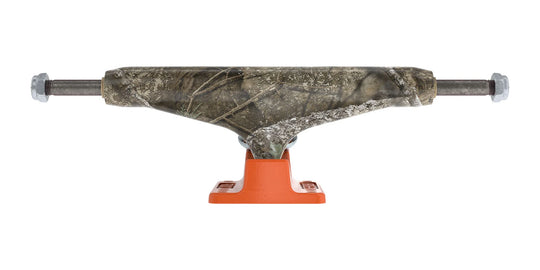A single skateboard truck with a camouflage-patterned bushing and an orange polyurethane base, shown against a plain white background.