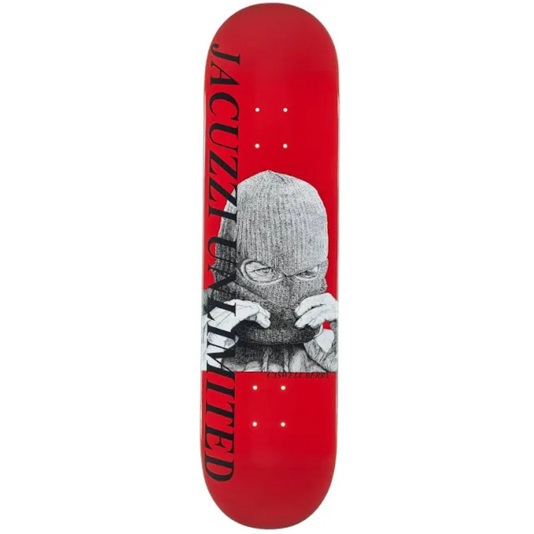 Skateboard deck with graphic design and text on a red background